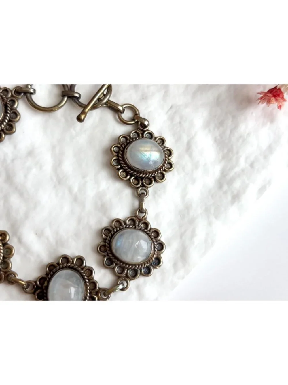 Iridescent Moonstone Vermeil Floral Sterling Silver 925 Vintage Bracelet
